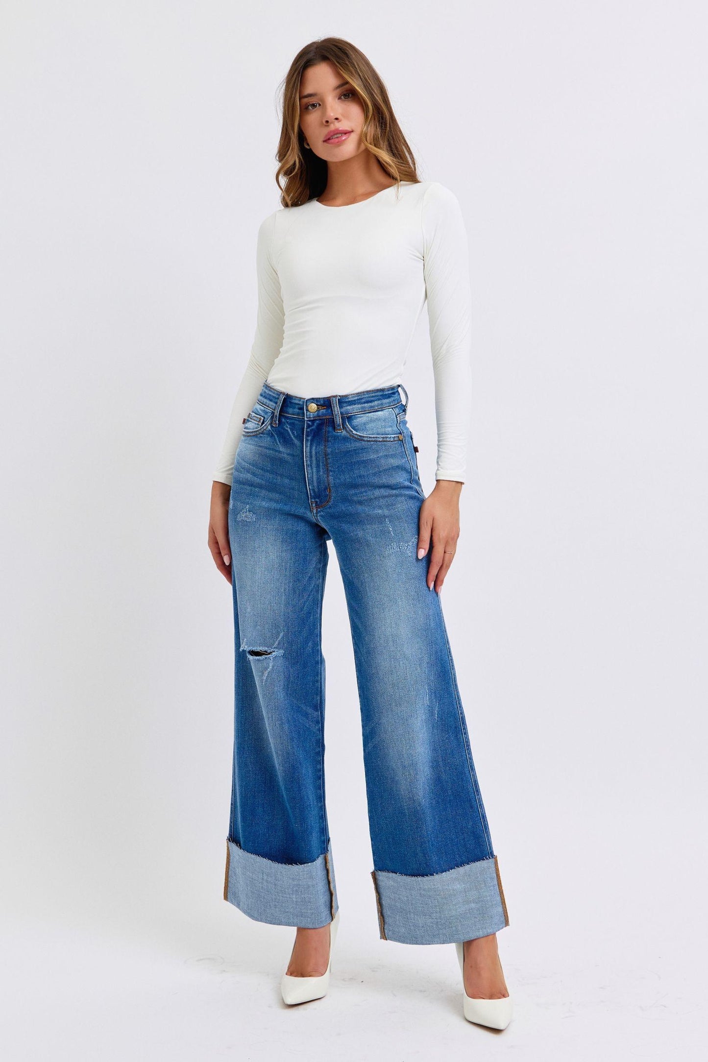 Judy Blue Full Size Distressed High Waist Wide Leg Jeans - Trendy by Luna