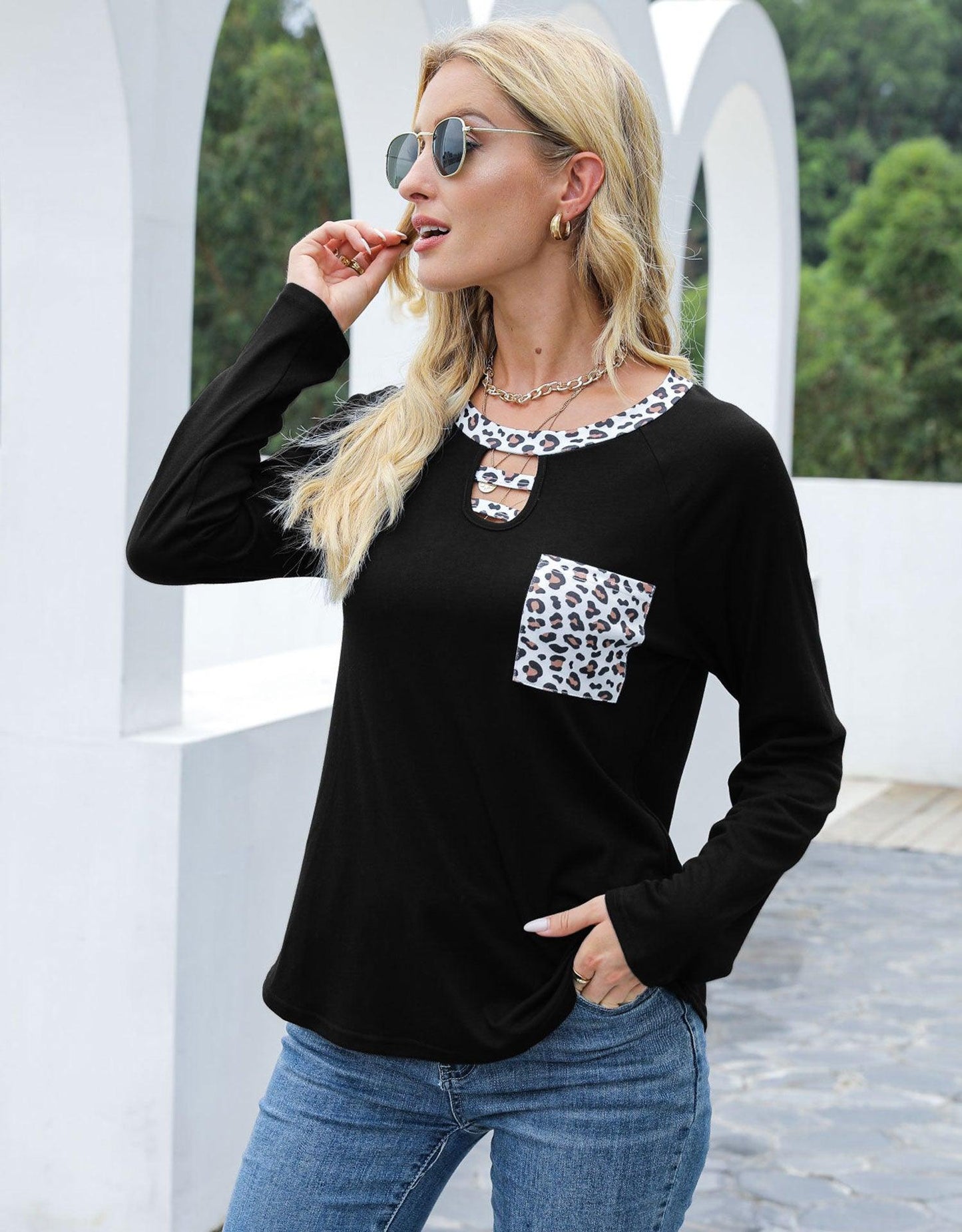 Cutout Leopard Round Neck Long Sleeve T-Shirt - Trendy by Luna