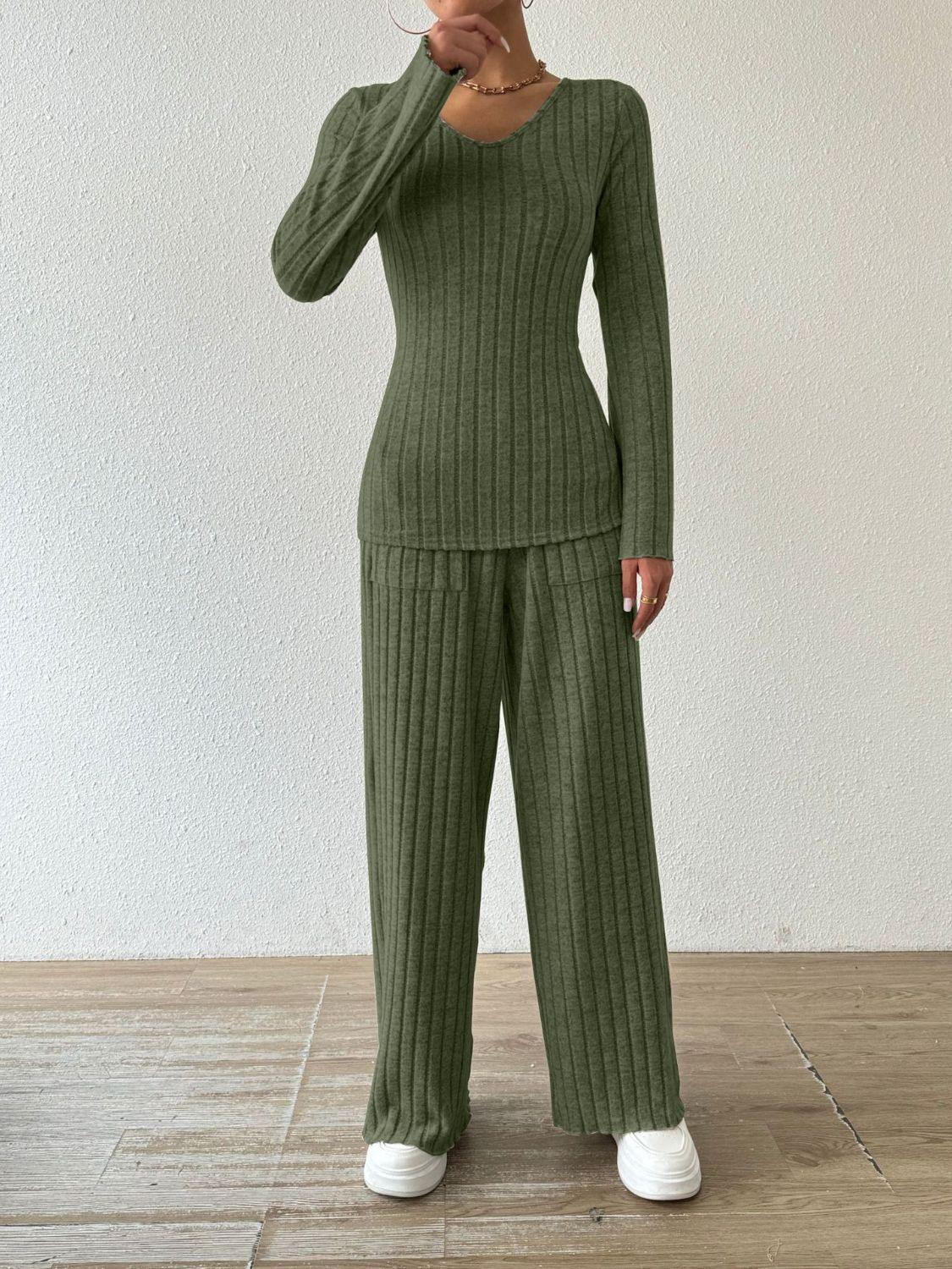 Ribbed V-Neck Long Sleeve Top and Pocketed Pants Set - Trendy by Luna