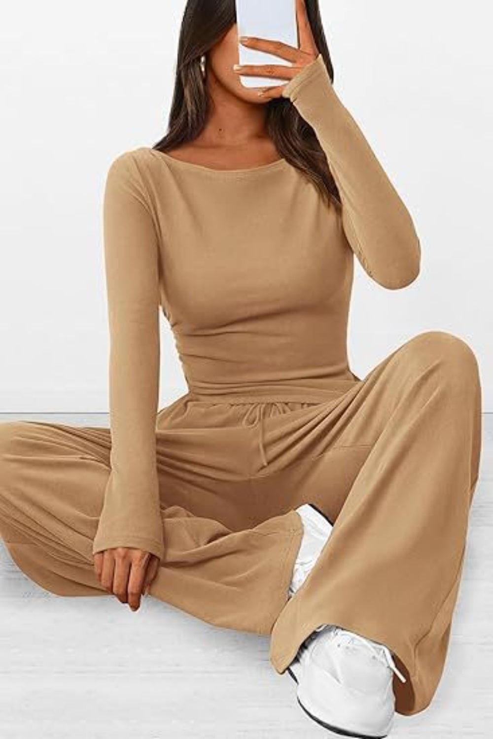 Round Neck Long Sleeve Top and Pants Set - Trendy by Luna