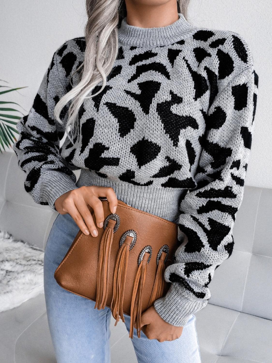 Leopard Round Neck Dropped Shoulder Sweater - Trendy by Luna