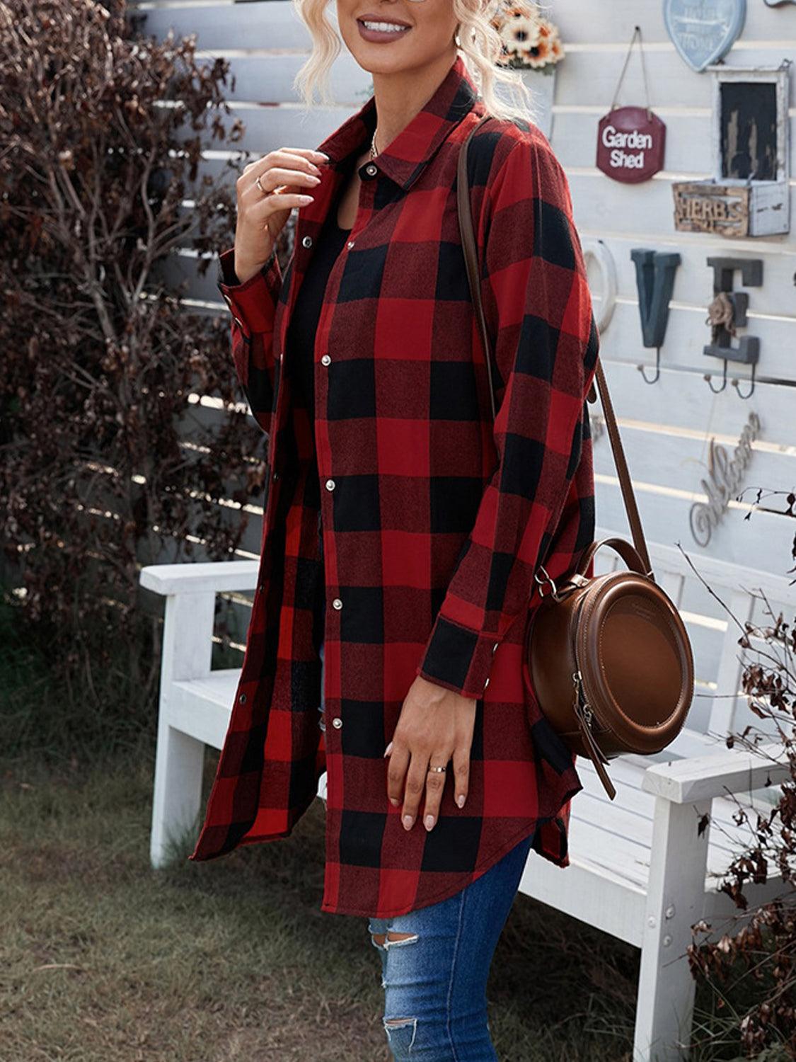 Plaid Snap Down Long Sleeve Jacket - Trendy by Luna