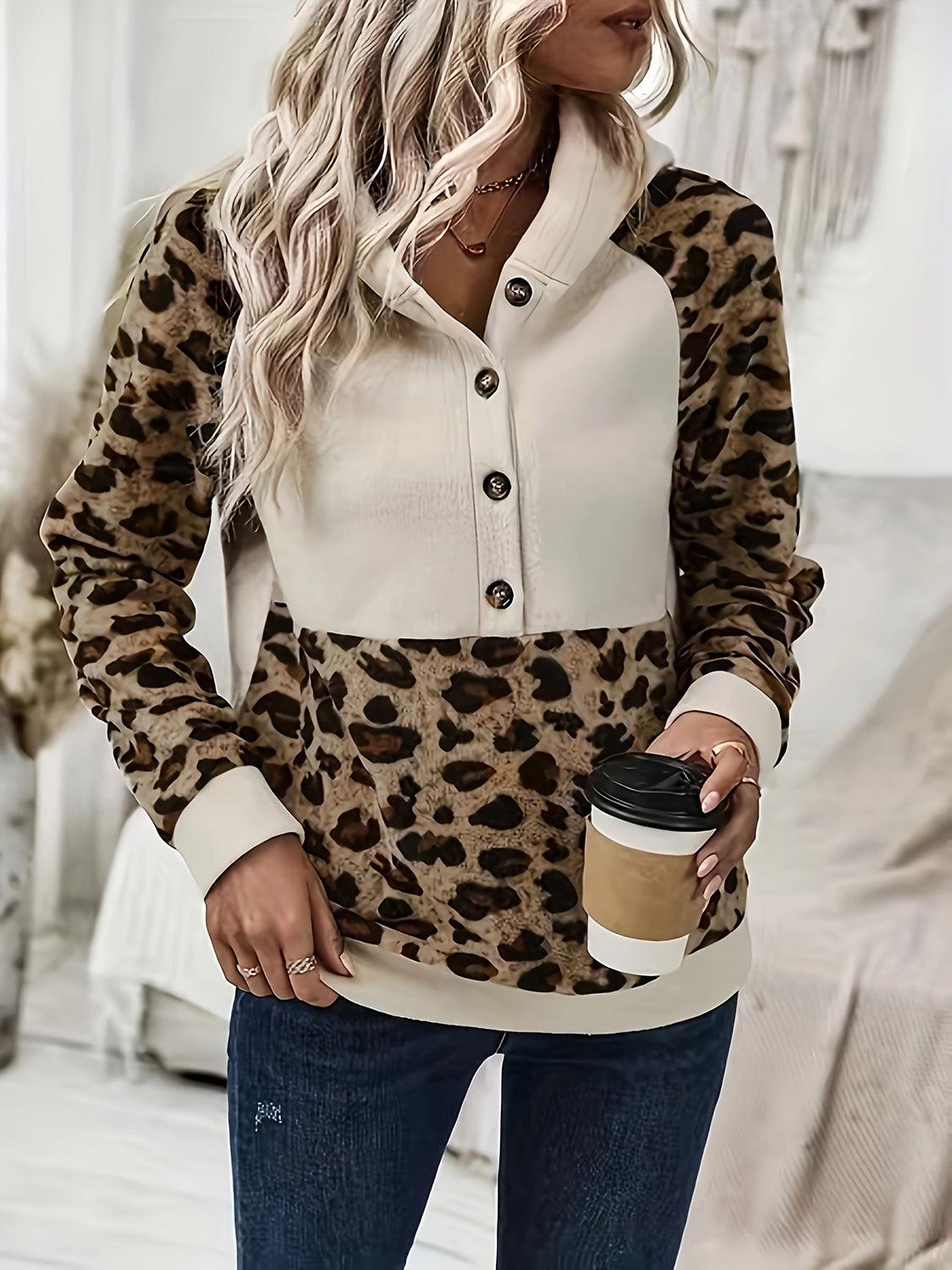 Leopard Half Button Long Sleeve Hoodie - Trendy by Luna