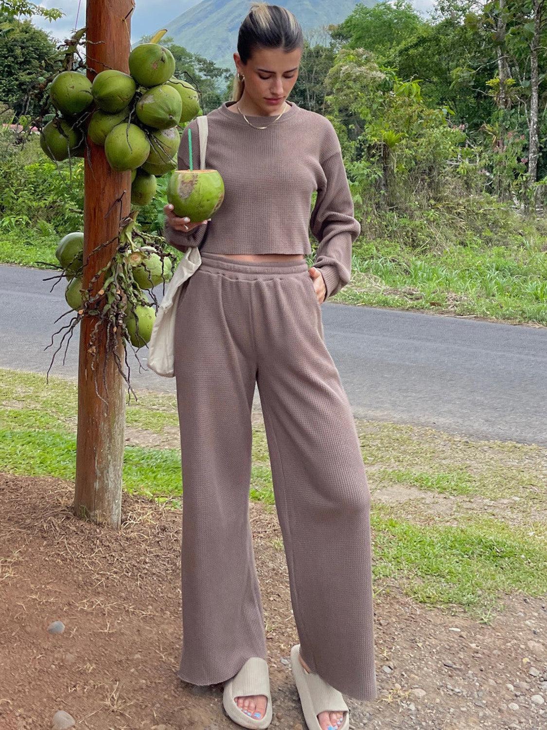 Waffle-Knit Round Neck Top and Pants Set - Trendy by Luna