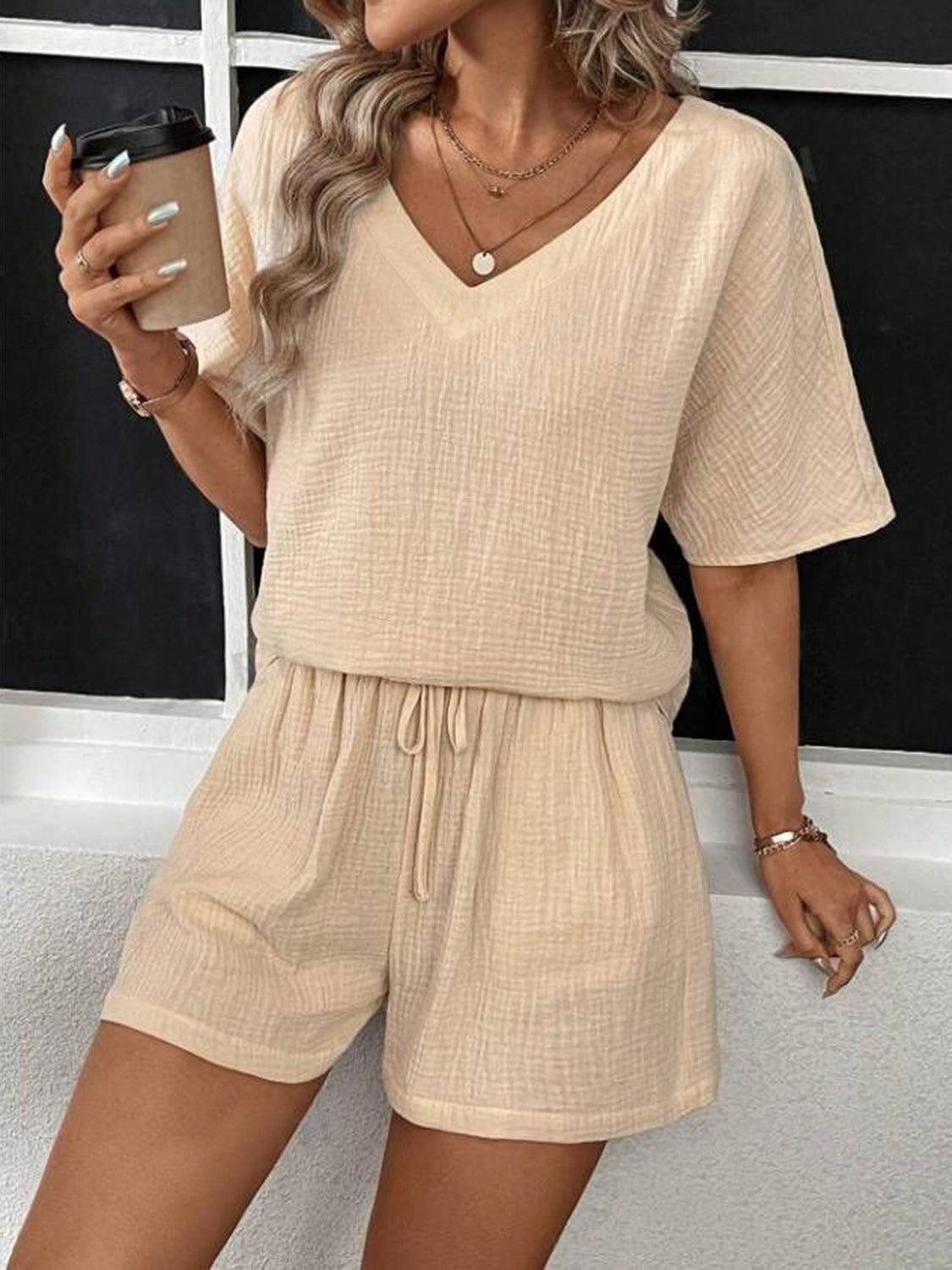 V-Neck Half Sleeve Top and Shorts Set - Trendy by Luna