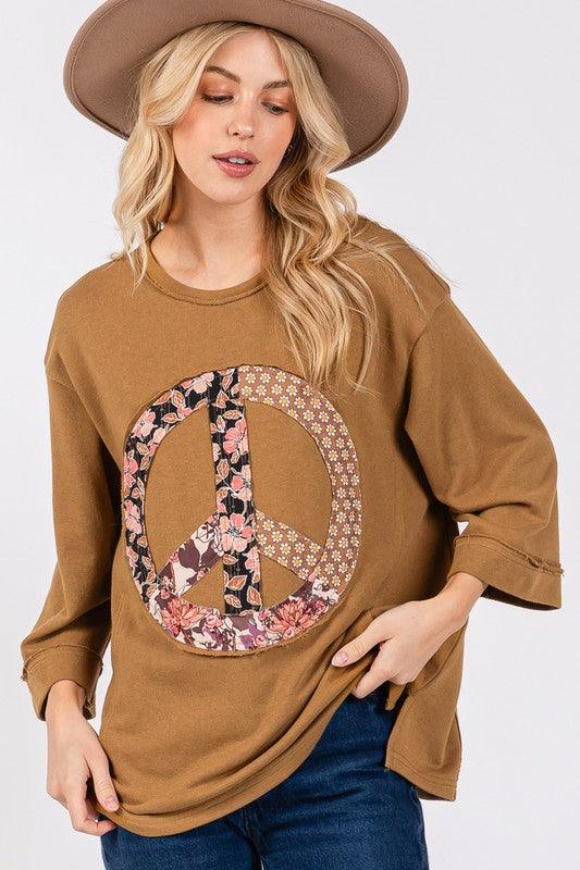 Floral Peace Patch Round Neck Top - Trendy by Luna