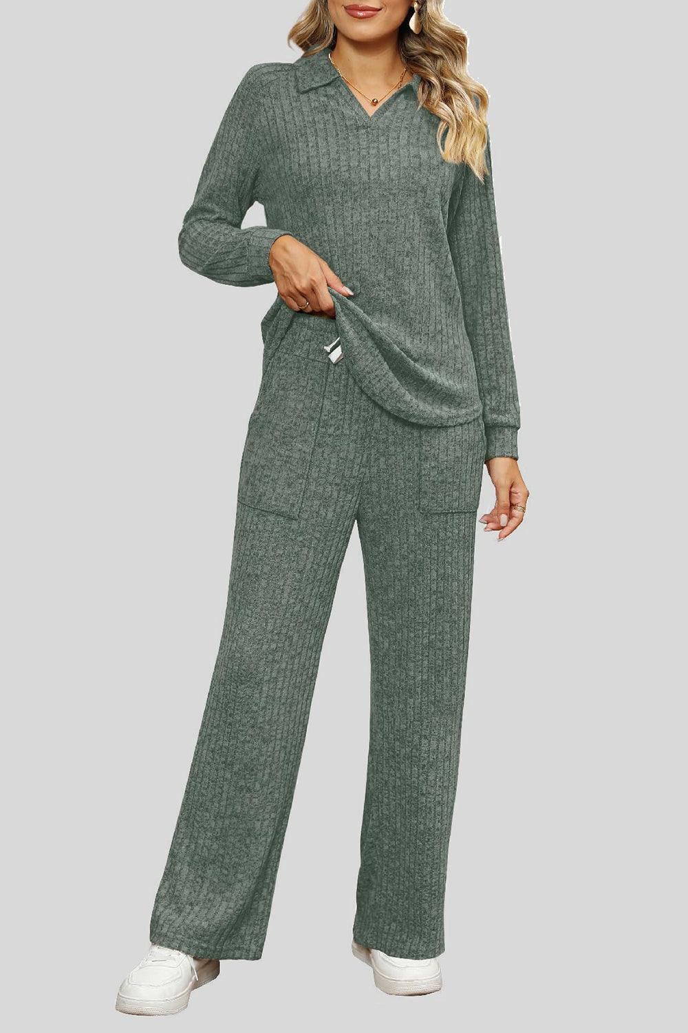 Ribbed Long Sleeve Top and Pocketed Pants Set - Trendy by Luna