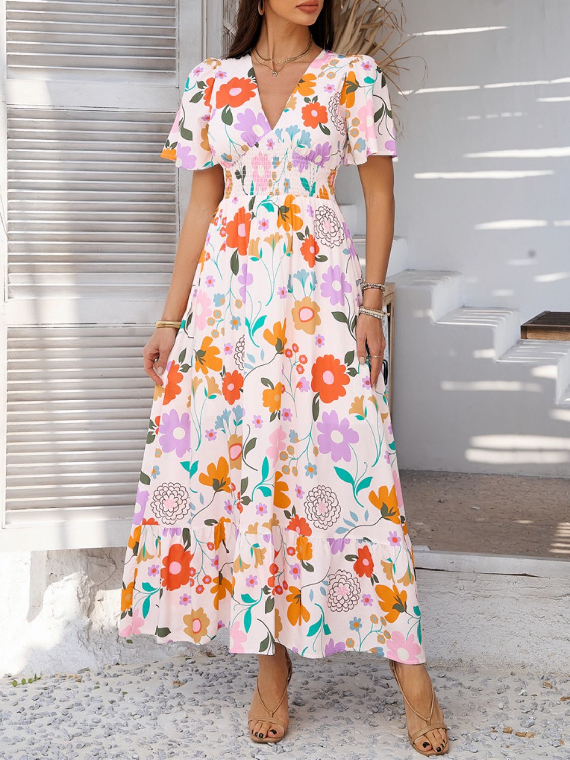 Smocked Printed V-Neck Short Sleeve Maxi Dress - Trendy by Luna