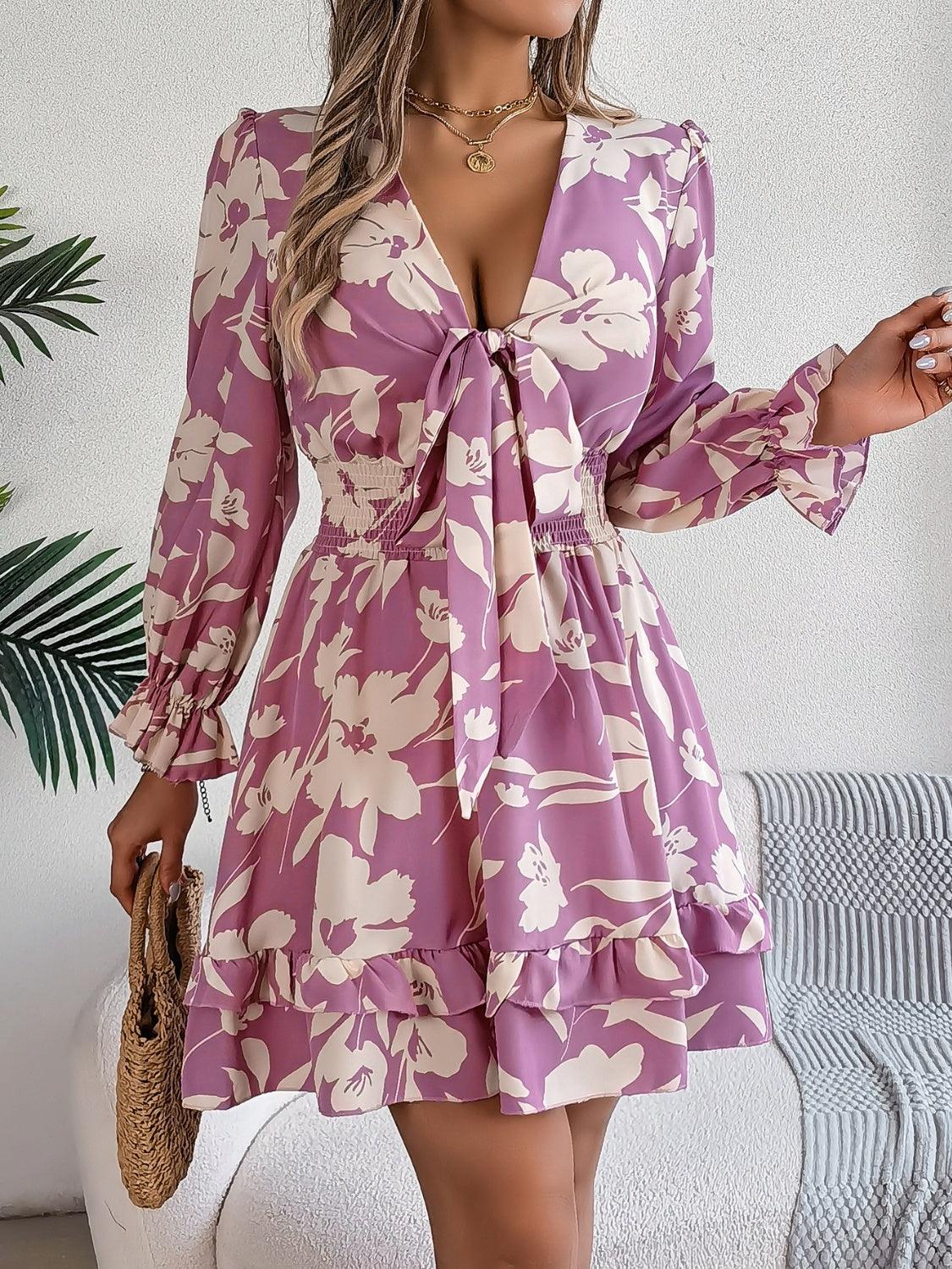 Tied Ruffled Printed Long Sleeve Dress - Trendy by Luna