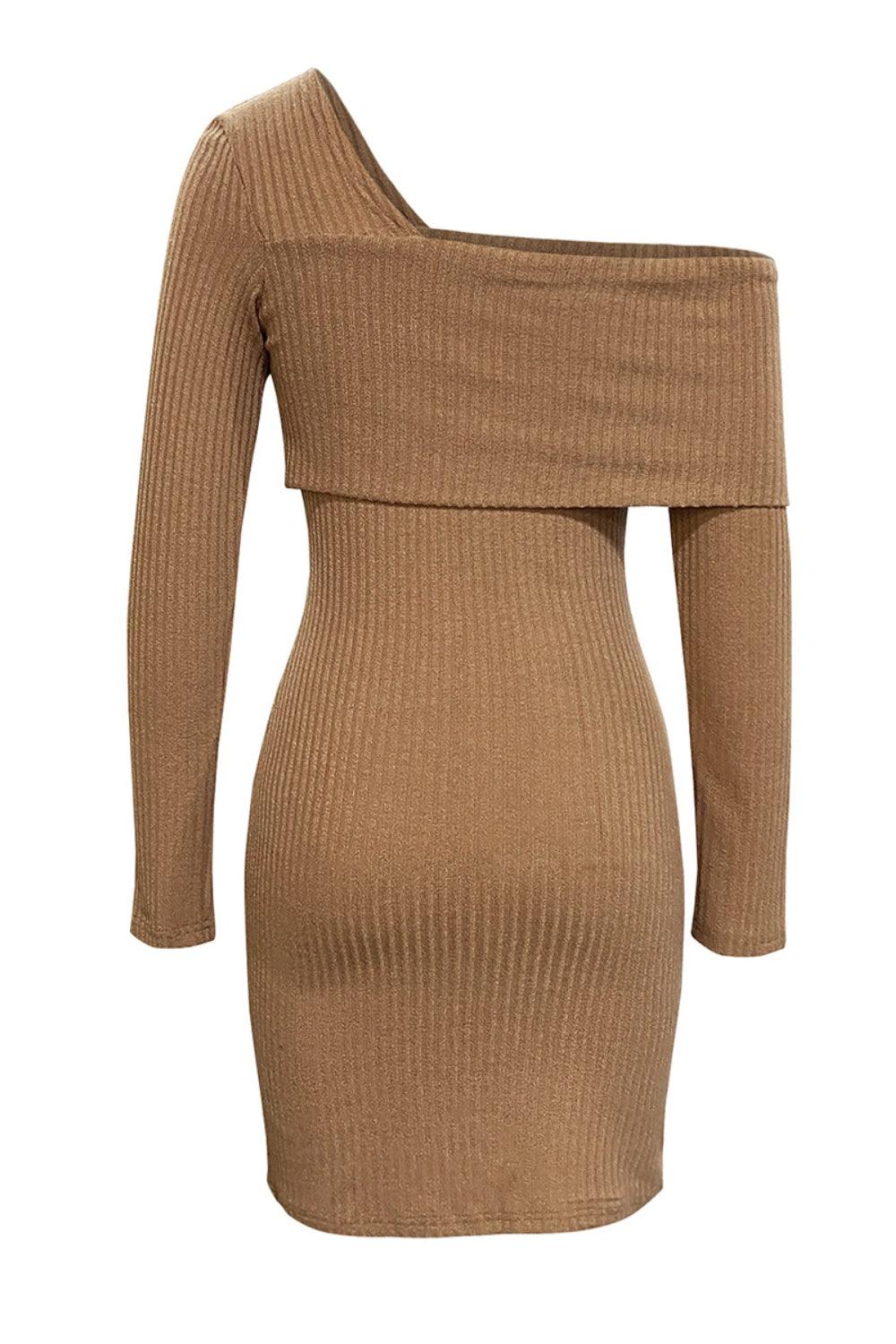 Asymmetrical Fold-Over Neck Ribbed Mini Dress - Trendy by Luna