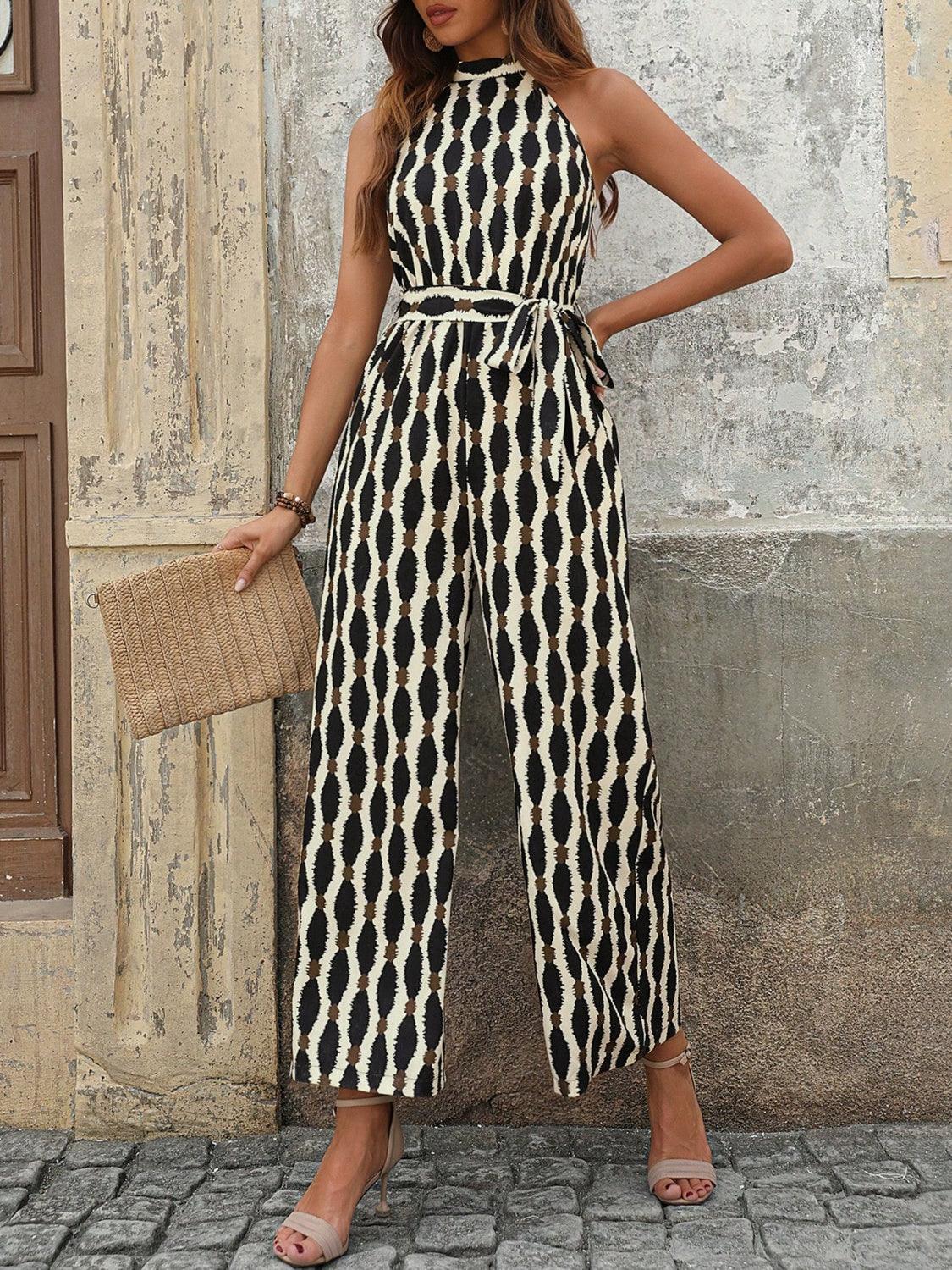 Tied Printed Grecian Neck Jumpsuit - Trendy by Luna