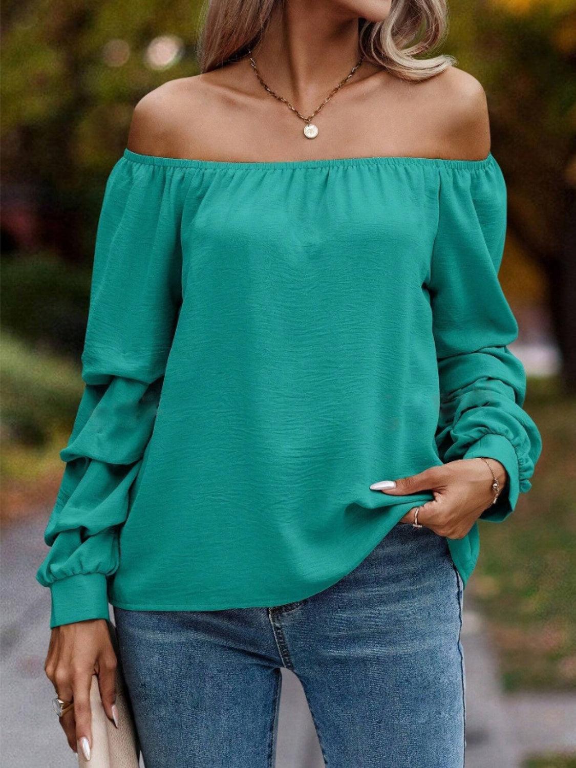 Ruched Off-Shoulder Long Sleeve Blouse - Trendy by Luna