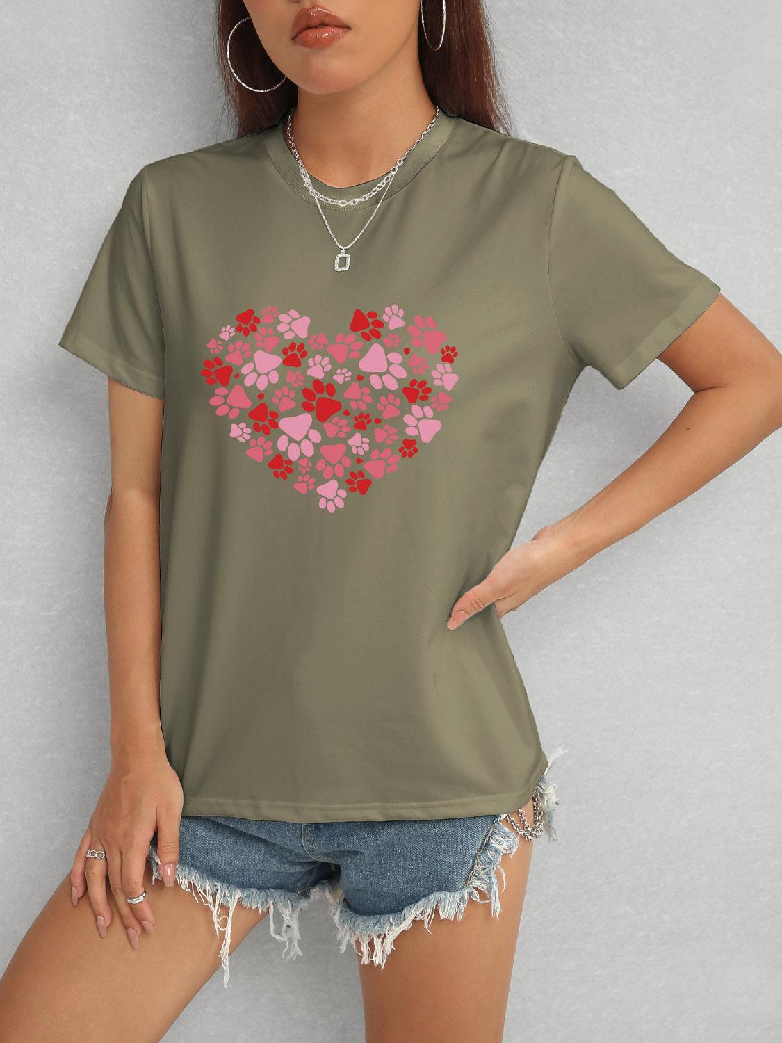 Heart Round Neck Short Sleeve T-Shirt - Trendy by Luna