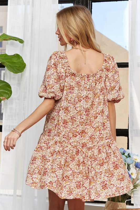 ADORA Floral Square Neck Puff Sleeve Dress - Trendy by Luna