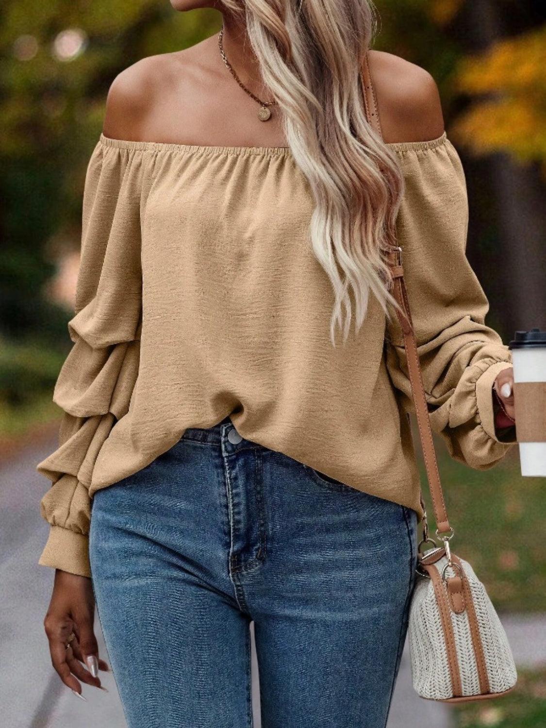 Ruched Off-Shoulder Long Sleeve Blouse - Trendy by Luna