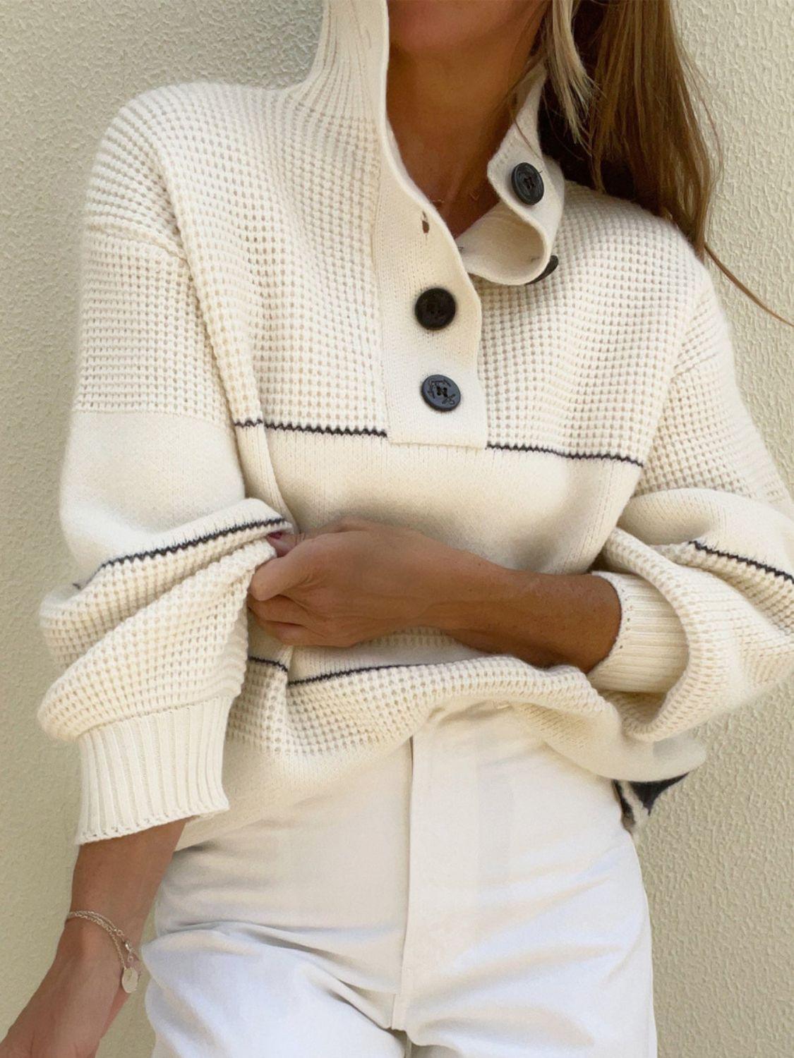 Waffle-Knit Half Button Long Sleeve Sweater - Trendy by Luna