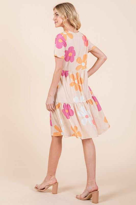 Floral Round Neck Short Sleeve Tiered Dress - Trendy by Luna