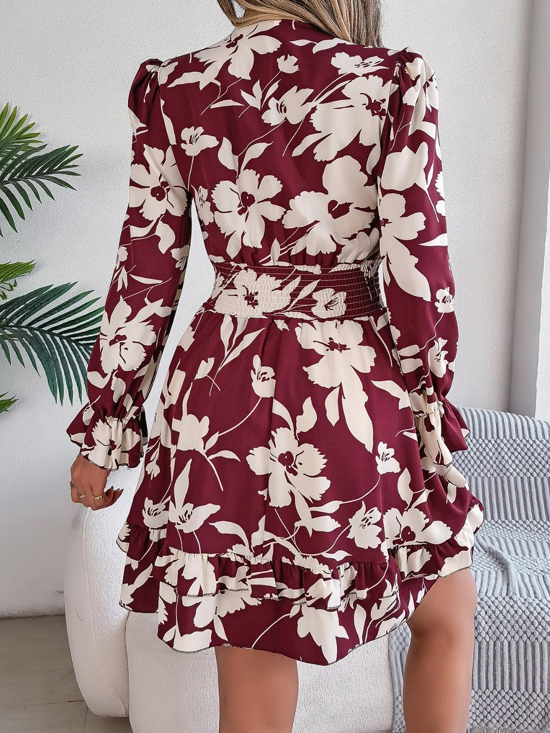 Tied Ruffled Printed Long Sleeve Dress - Trendy by Luna