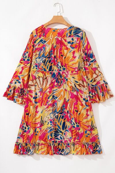 Printed Flare Sleeve Ruffled Hem Dress - Trendy by Luna