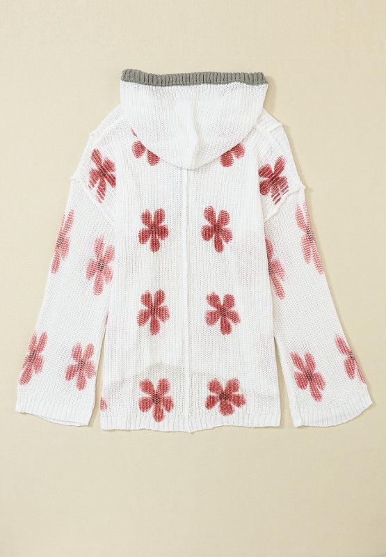 Drawstring Flower Hooded Knit Top - Trendy by Luna