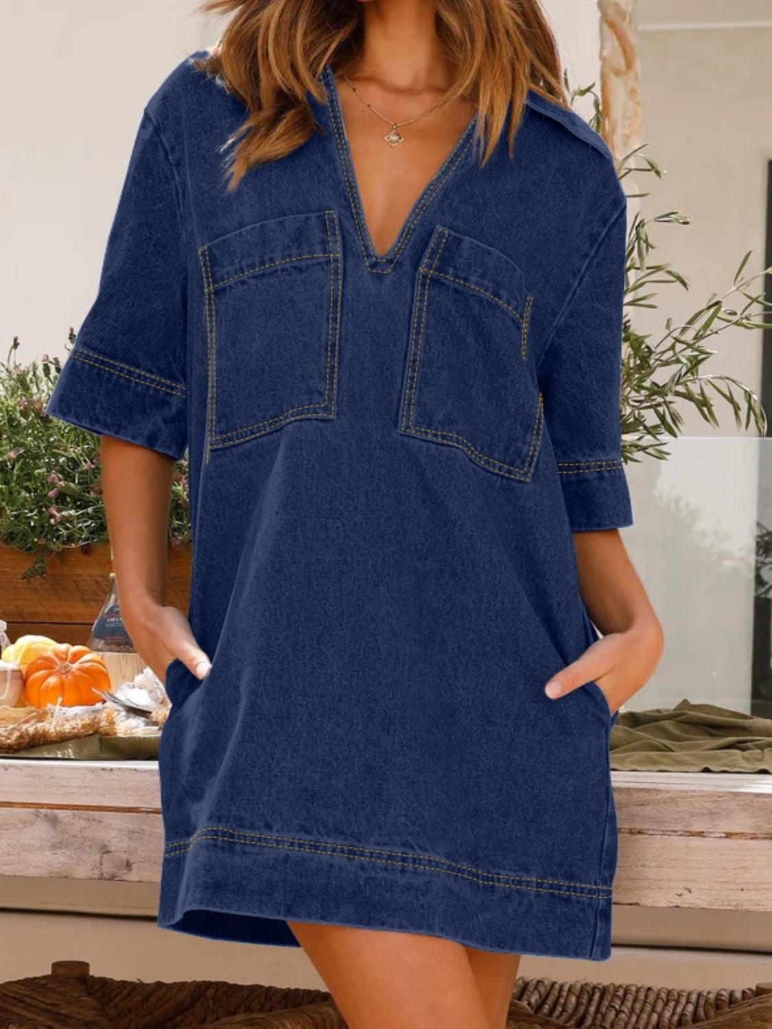 Johnny Collar Half Sleeve Denim Dress - Trendy by Luna