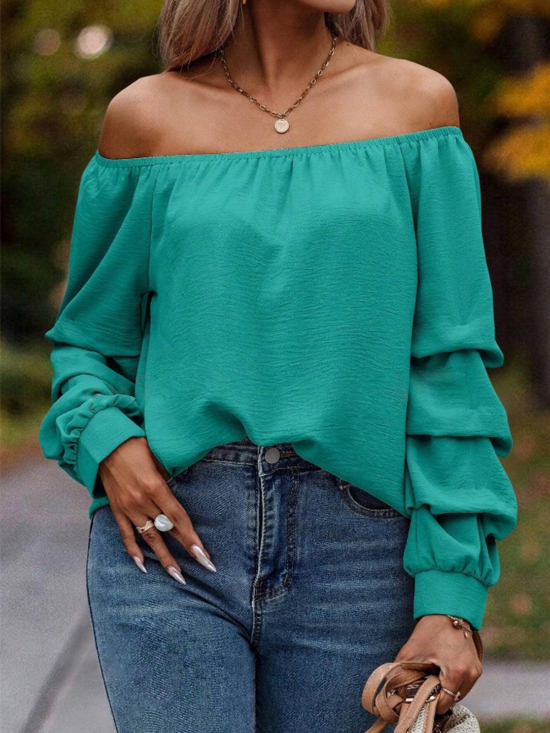 Ruched Off-Shoulder Long Sleeve Blouse - Trendy by Luna