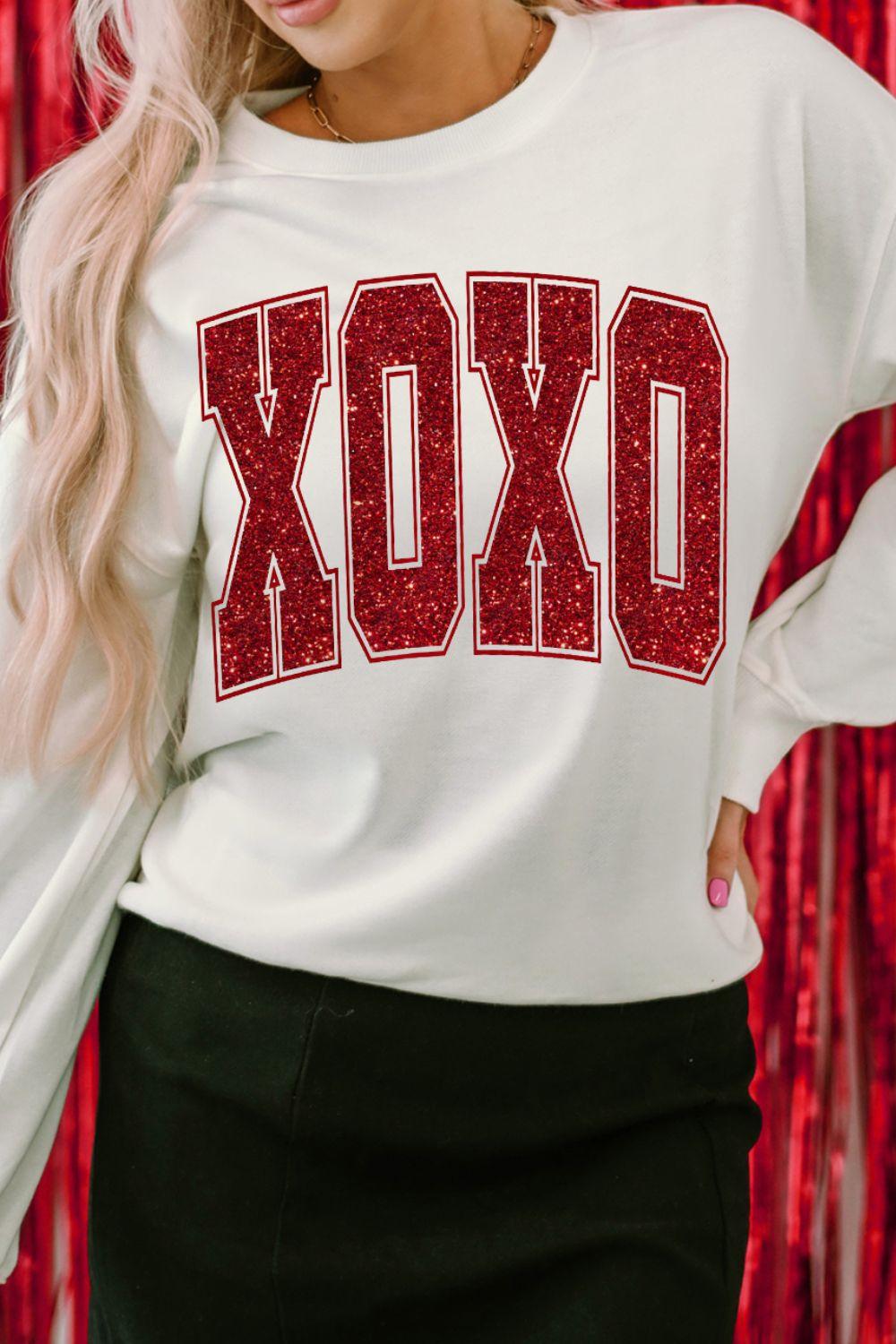 Valentine’s Day XOXO Glitter Round Neck Sweatshirt - Trendy by Luna