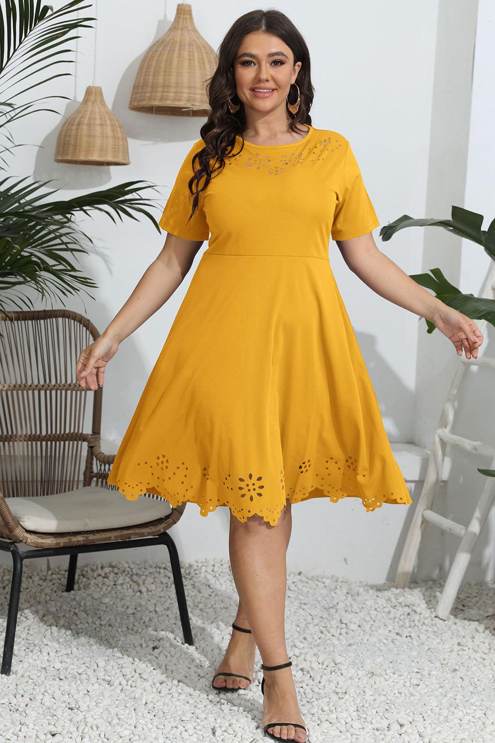 Plus Size Round Neck Openwork Dress - Trendy by Luna