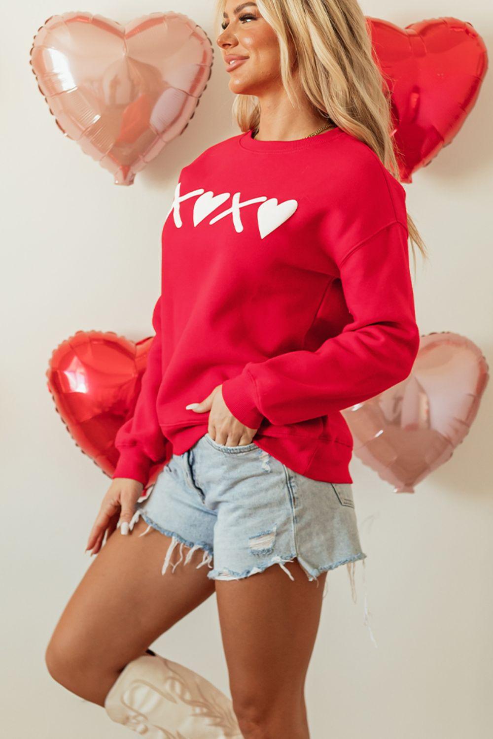 Valentine’s Day XOXO Round Neck Drop Shoulder Sweatshirt - Trendy by Luna