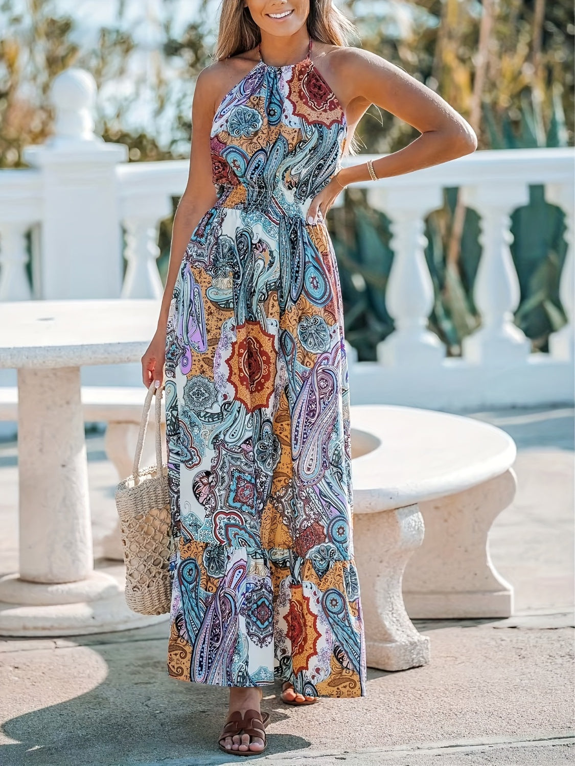 Printed Halter Neck Maxi Dress - Trendy by Luna