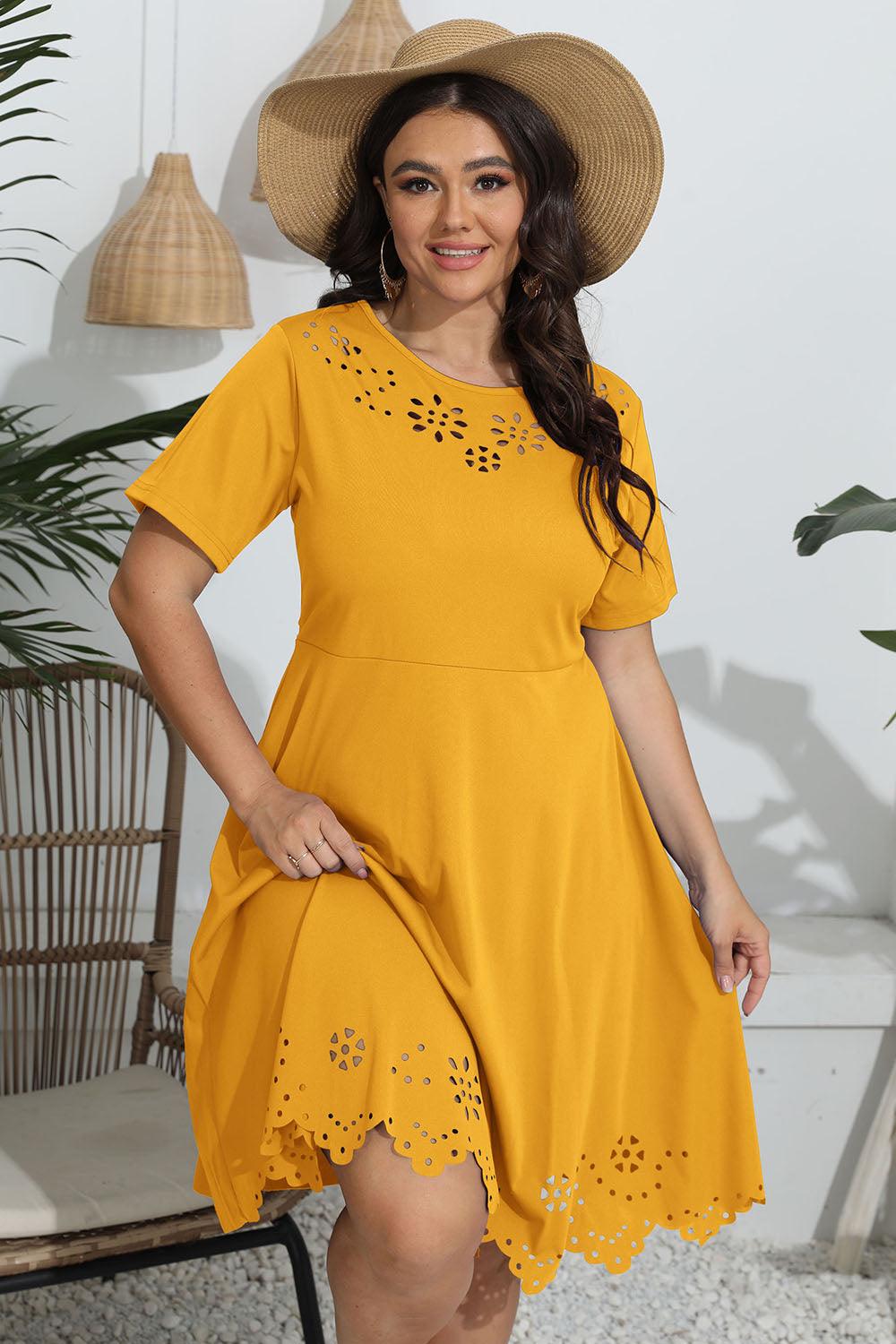 Plus Size Round Neck Openwork Dress - Trendy by Luna