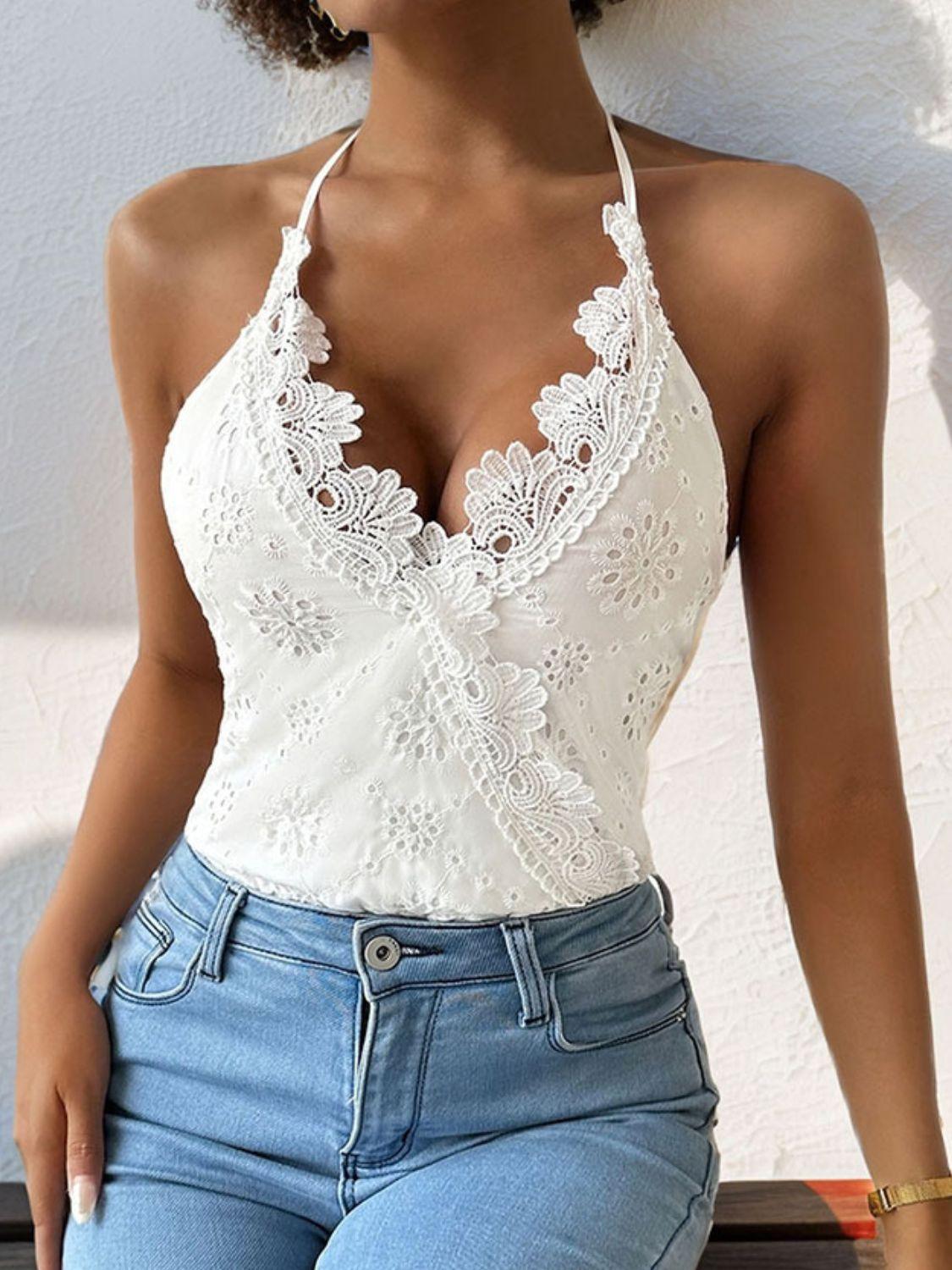 Perfee Halter Neck Lace Bodysuit - Trendy by Luna