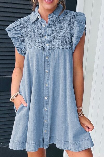 Smocked Collared Neck Cap Sleeve Denim Dress - Trendy by Luna