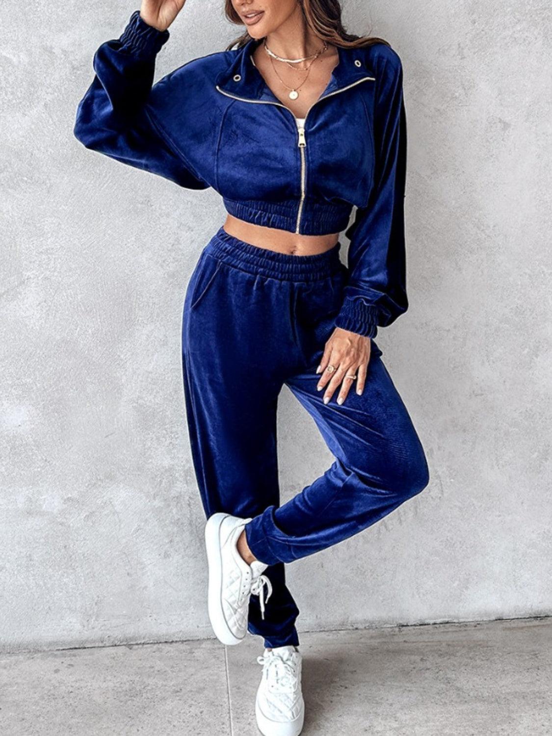 Zip Up Long Sleeve Cropped Top and Joggers Set - Trendy by Luna