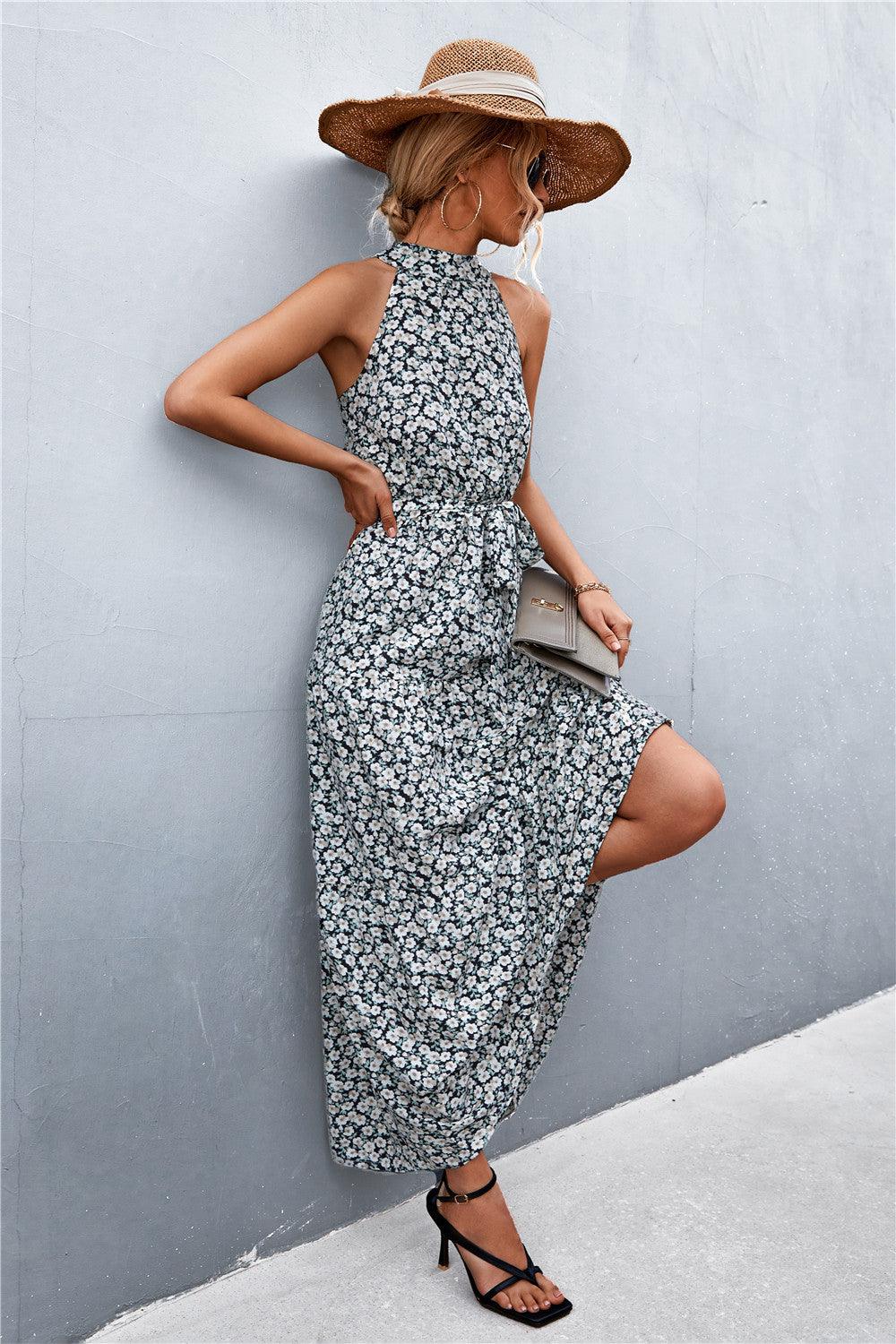 Printed Sleeveless Tie Waist Maxi Dress - Trendy by Luna