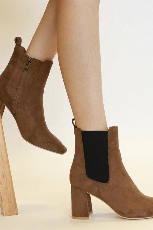 Beast Fashion Faux Suede Block Heel Chelsea Boots with Elastic Side Panel - Trendy by Luna