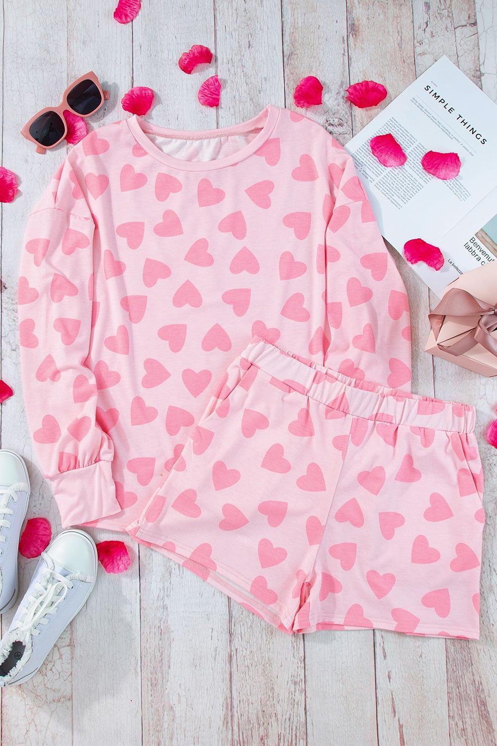 Heart Print Round Neck Top and Shorts Lounge Set - Trendy by Luna