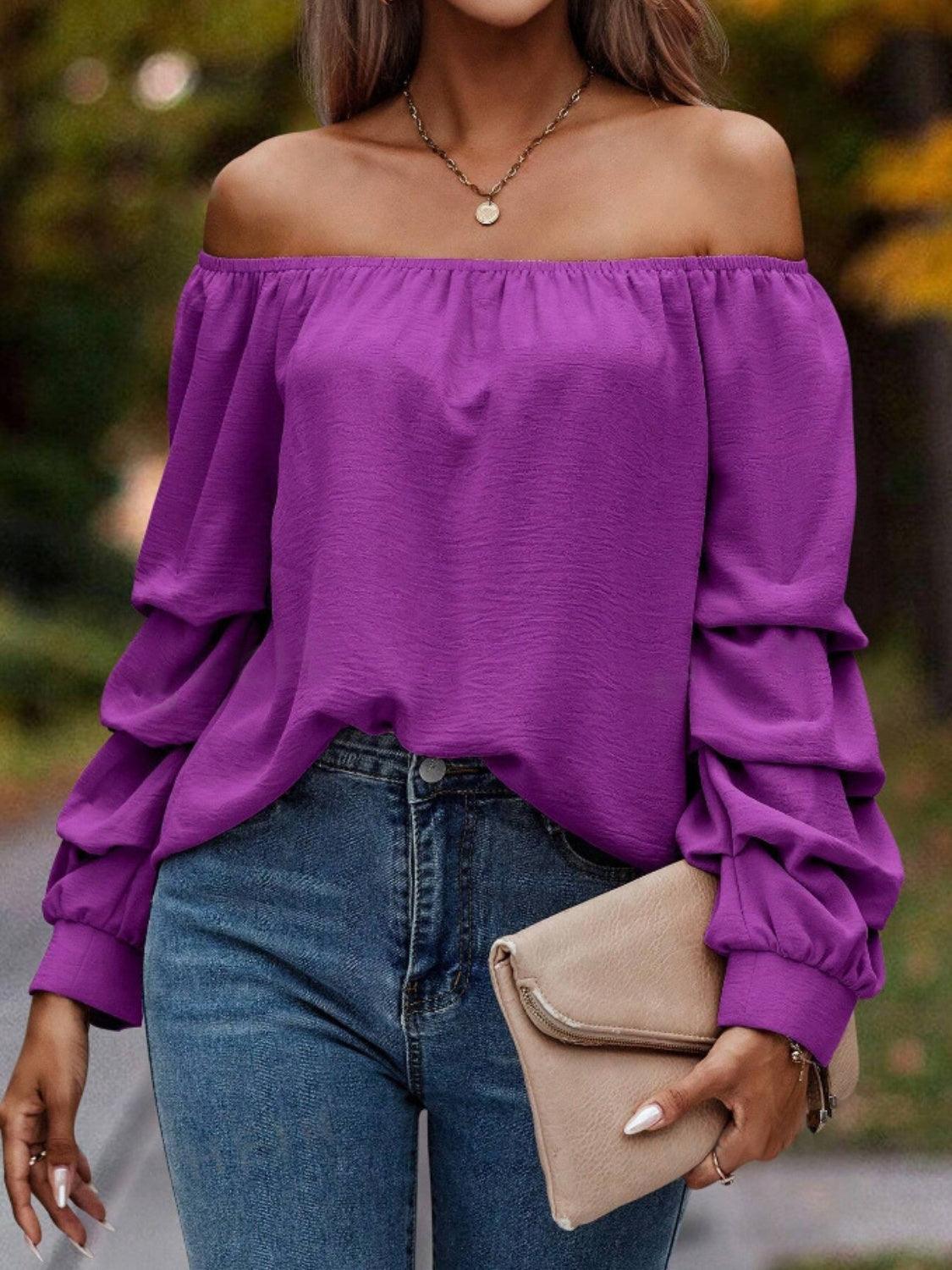 Ruched Off-Shoulder Long Sleeve Blouse - Trendy by Luna