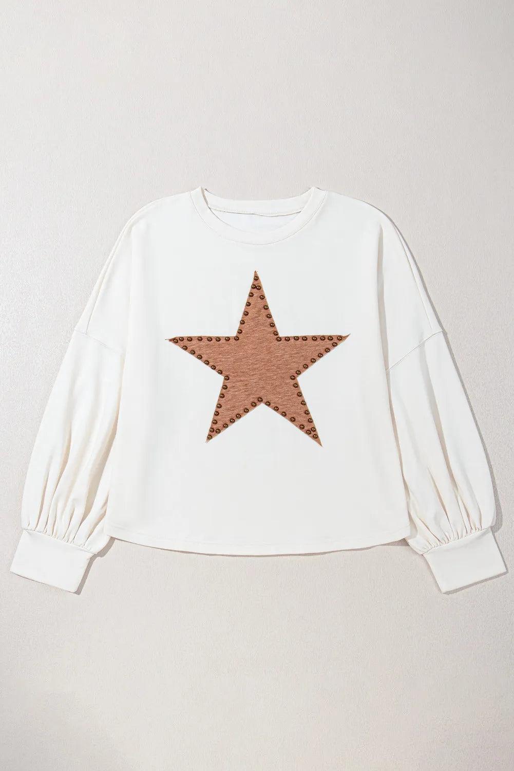 Plus Size Studded Star Round Neck Long Sleeve Blouse - Trendy by Luna