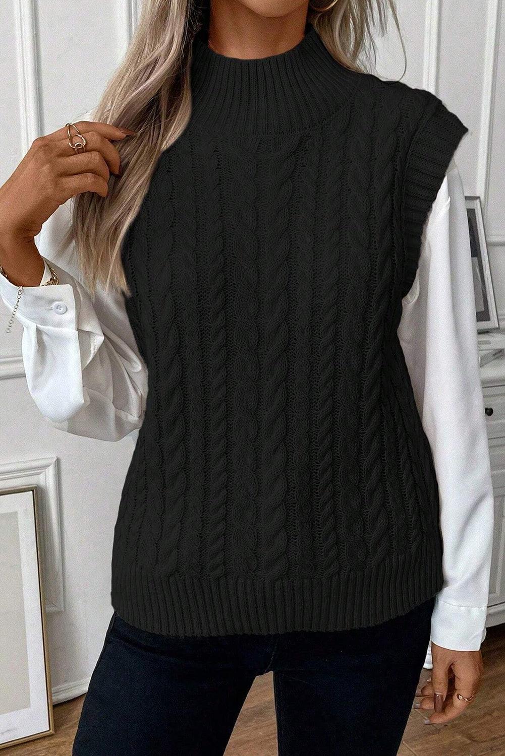 Trendy Cable-Knit Mock Neck Sweater Vest - Trendy by Luna