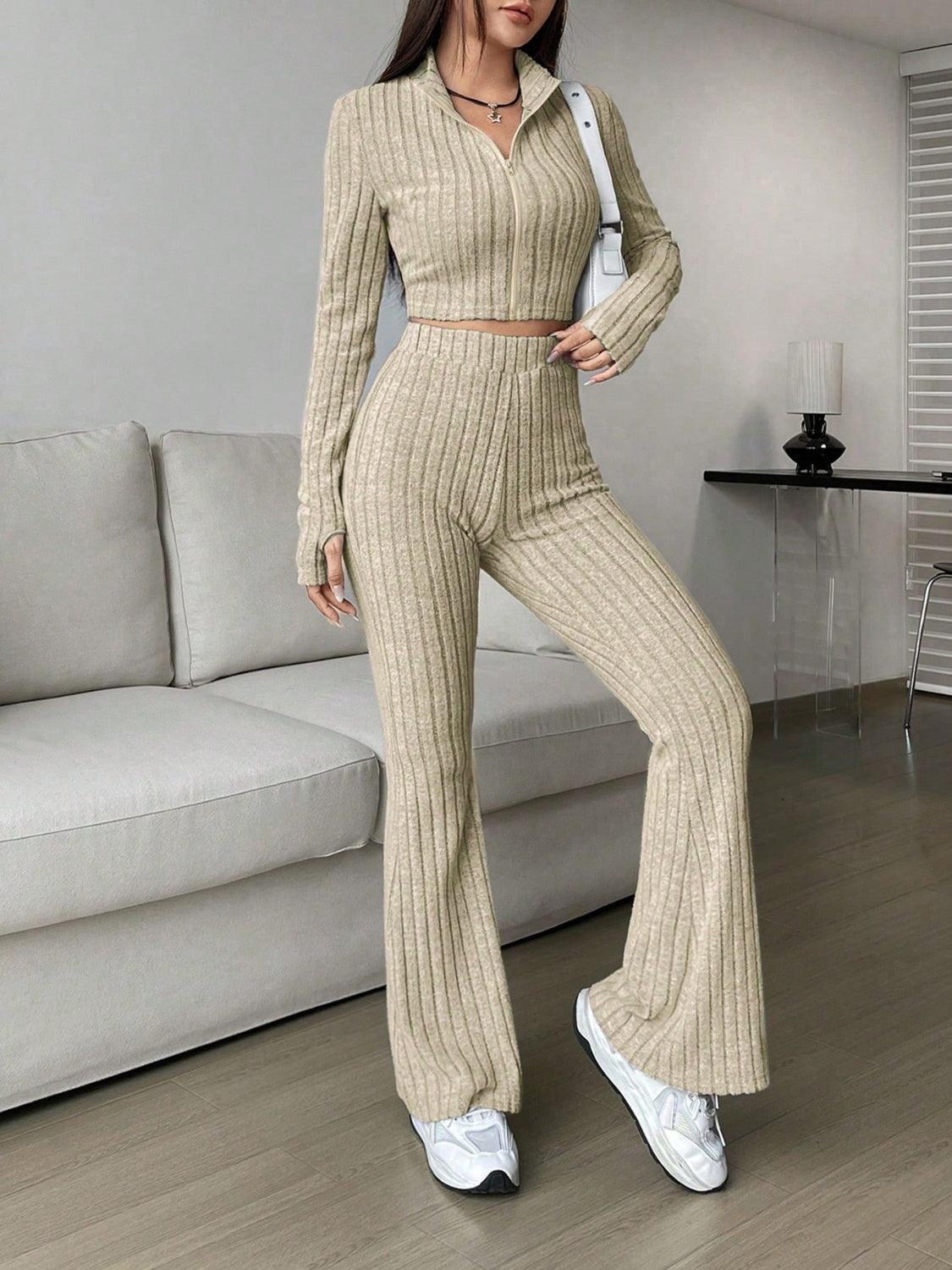 Honey Zip Up Long Sleeve Top and Pants Set - Trendy by Luna