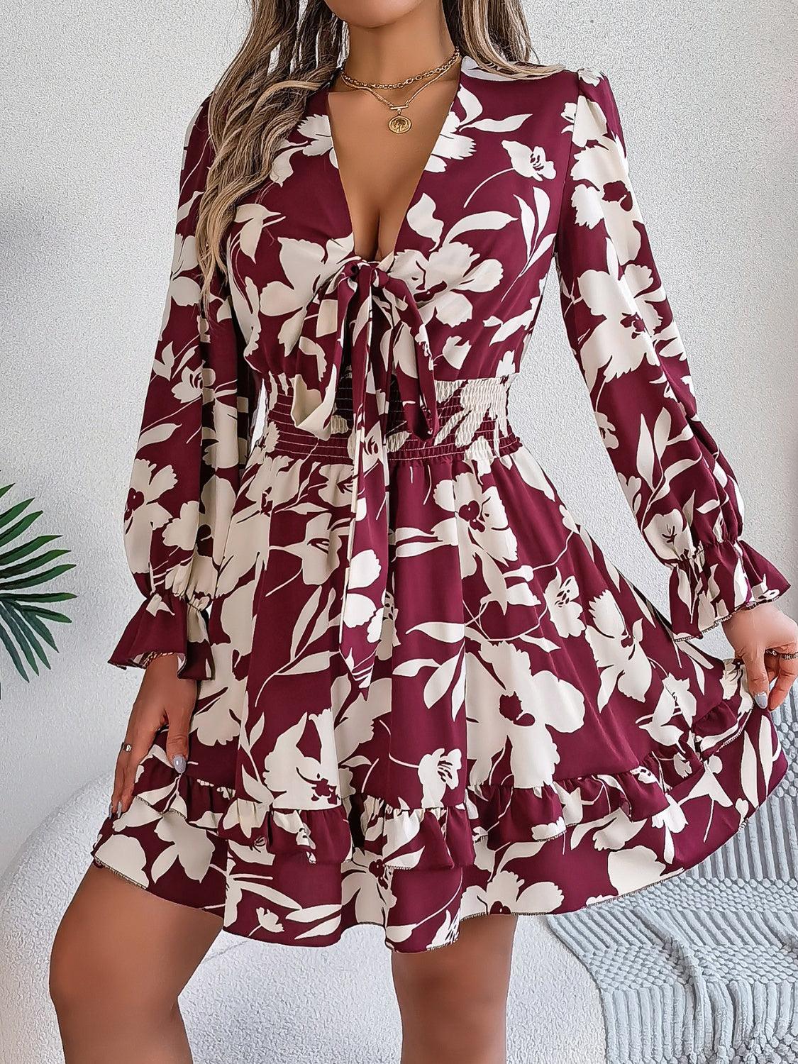 Tied Ruffled Printed Long Sleeve Dress - Trendy by Luna