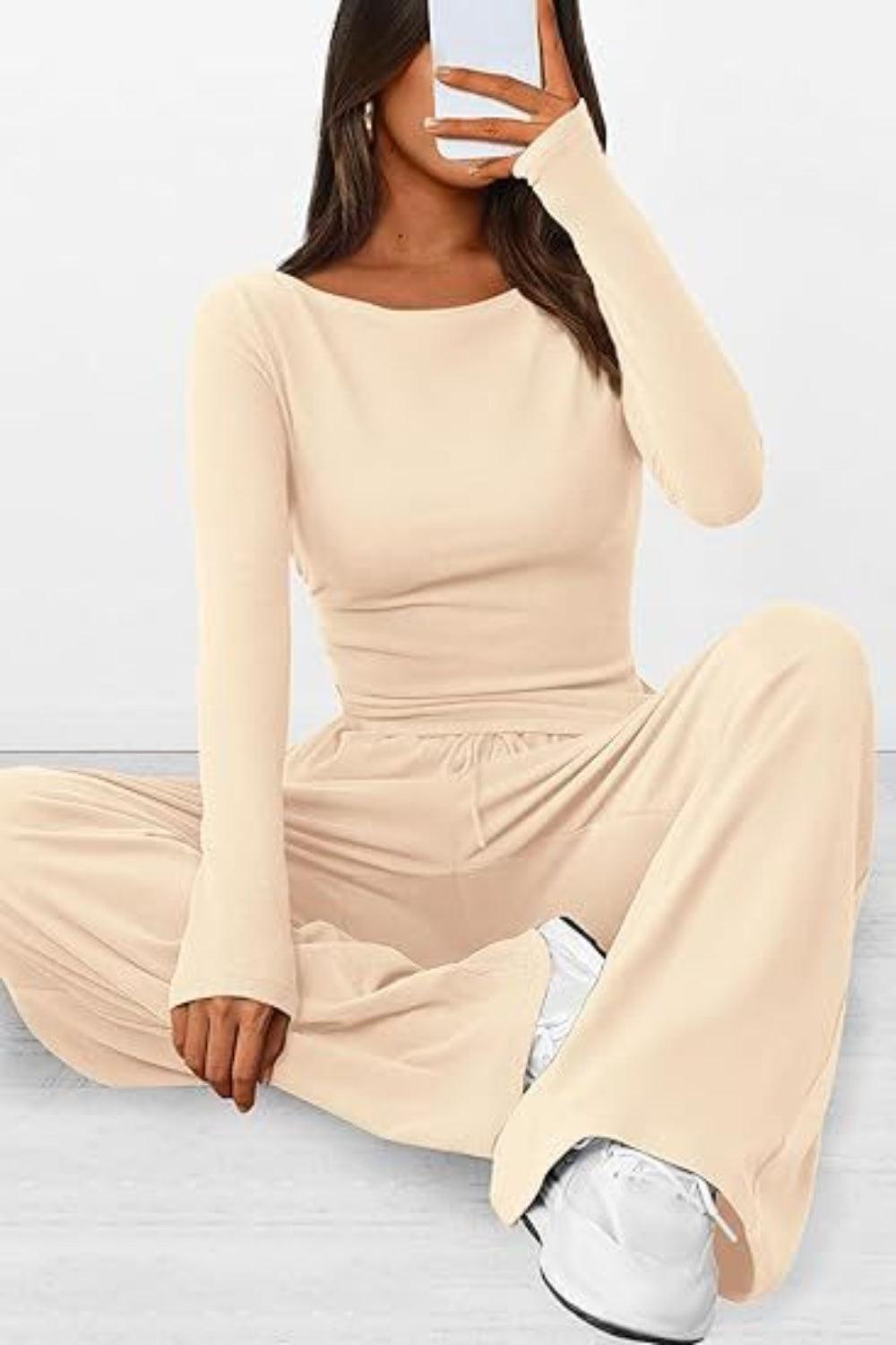 Round Neck Long Sleeve Top and Pants Set - Trendy by Luna