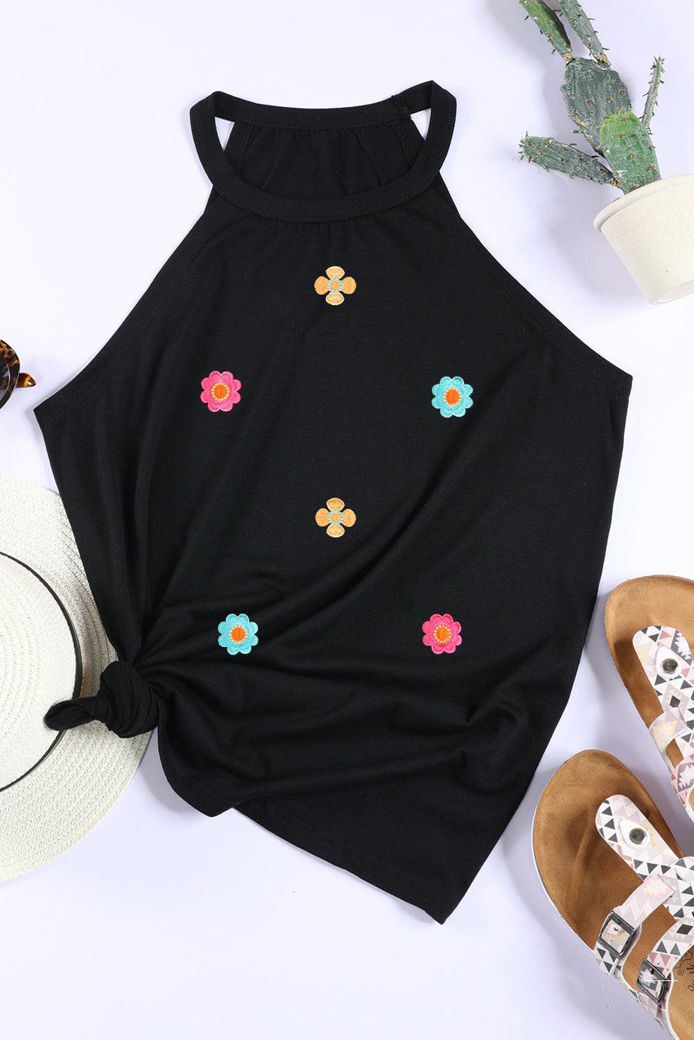 Embroidered Flower Grecian Neck Tank - Trendy by Luna