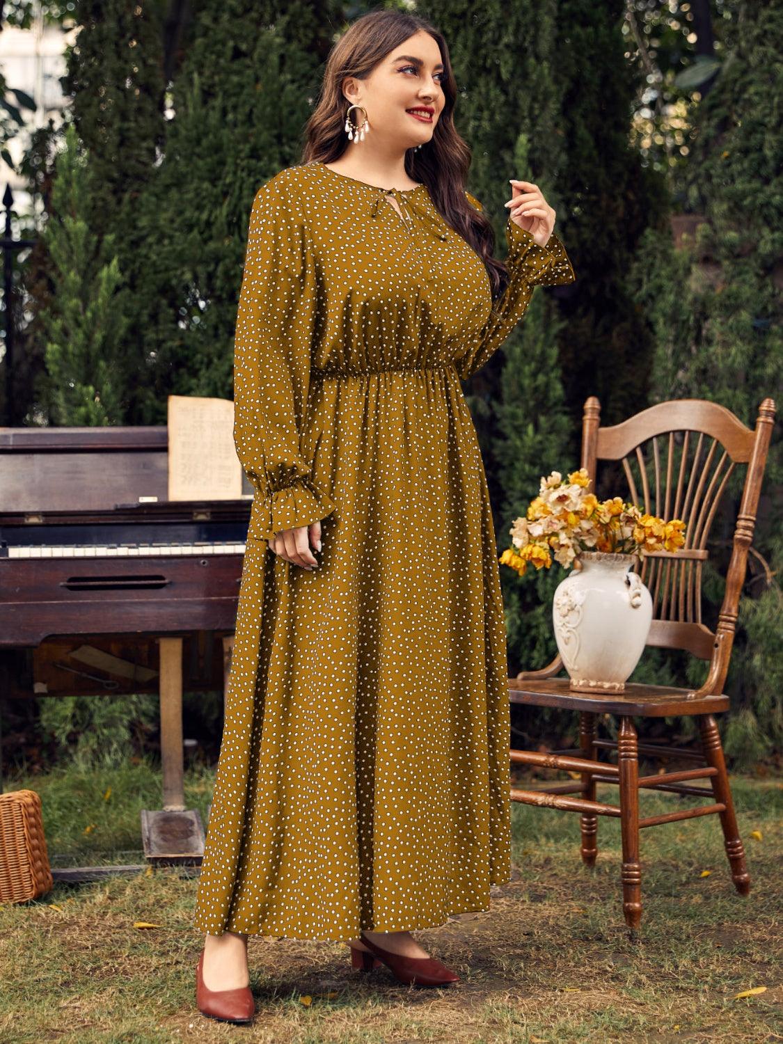 Honey Plus Size Ruffled Polka Dot Long Sleeve Midi Dress - Trendy by Luna