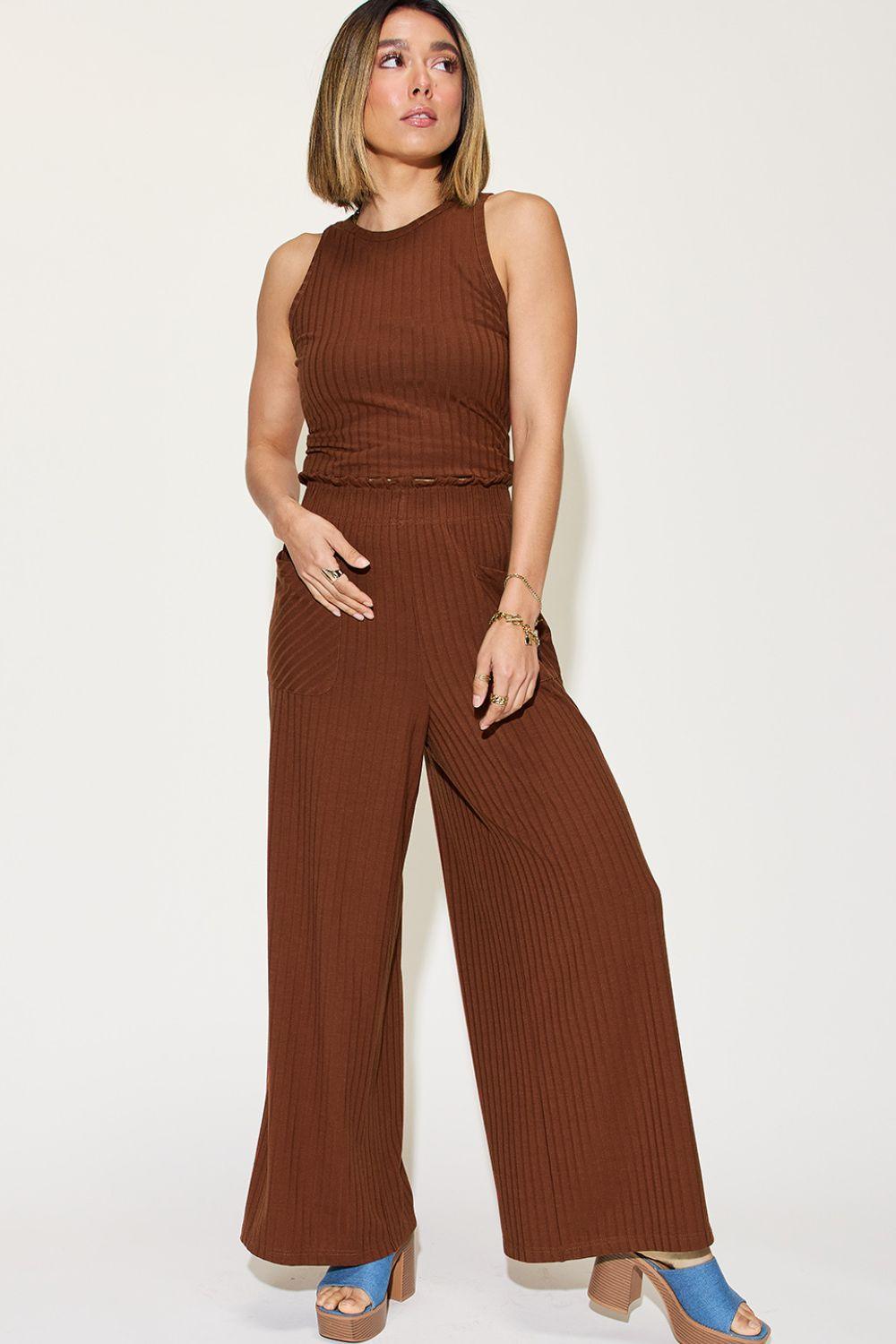 Full Size Ribbed Tank and Wide Leg Pants Set - Trendy by Luna