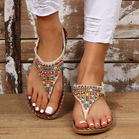 PU Leather Beaded Flat Sandals - Trendy by Luna