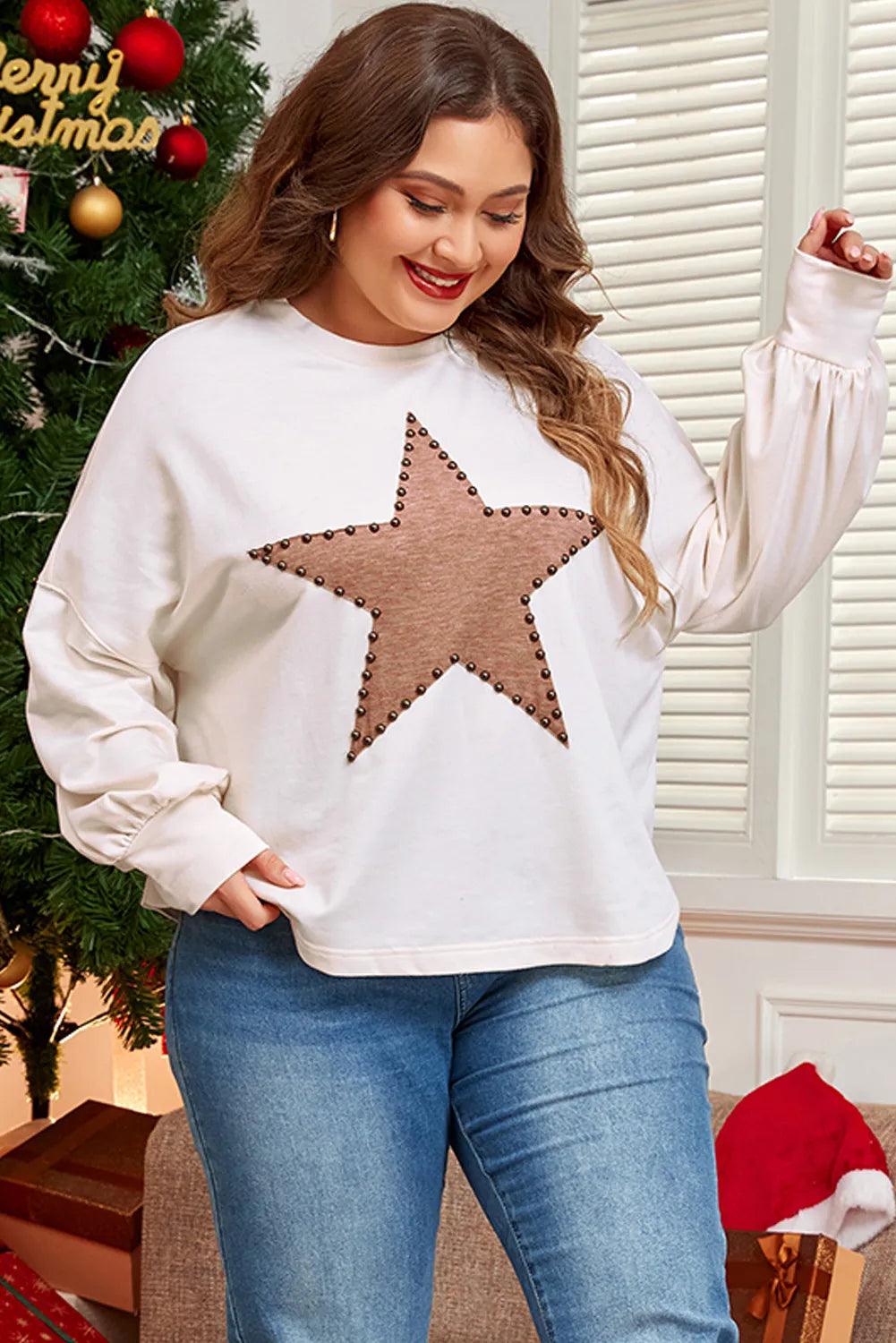 Plus Size Studded Star Round Neck Long Sleeve Blouse - Trendy by Luna