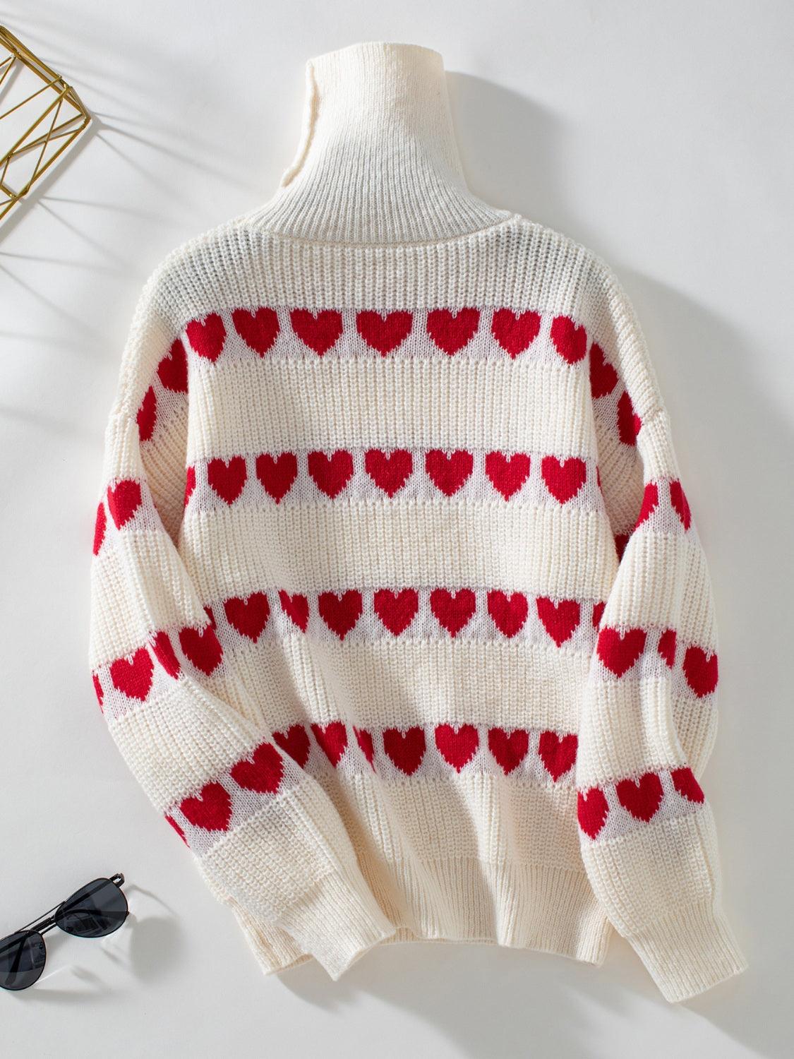 Heart Turtleneck Dropped Shoulder Sweater - Trendy by Luna