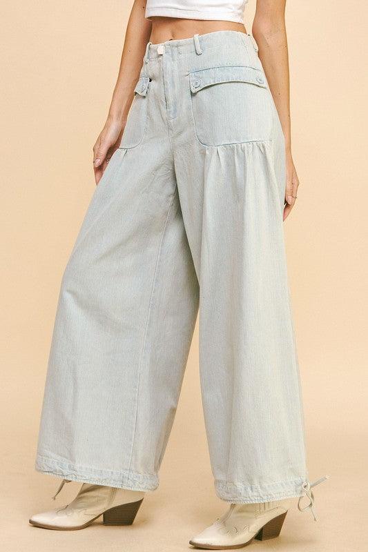 Drawstring Hem Wide Leg Mid Rise Jeans - Trendy by Luna